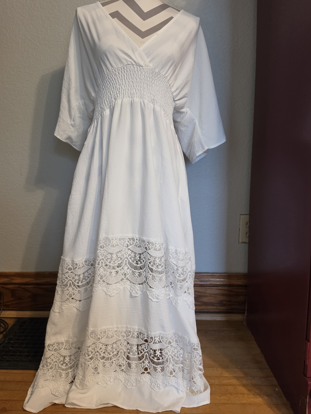 Smocked Waist White Lace Tiered Maxi Dress